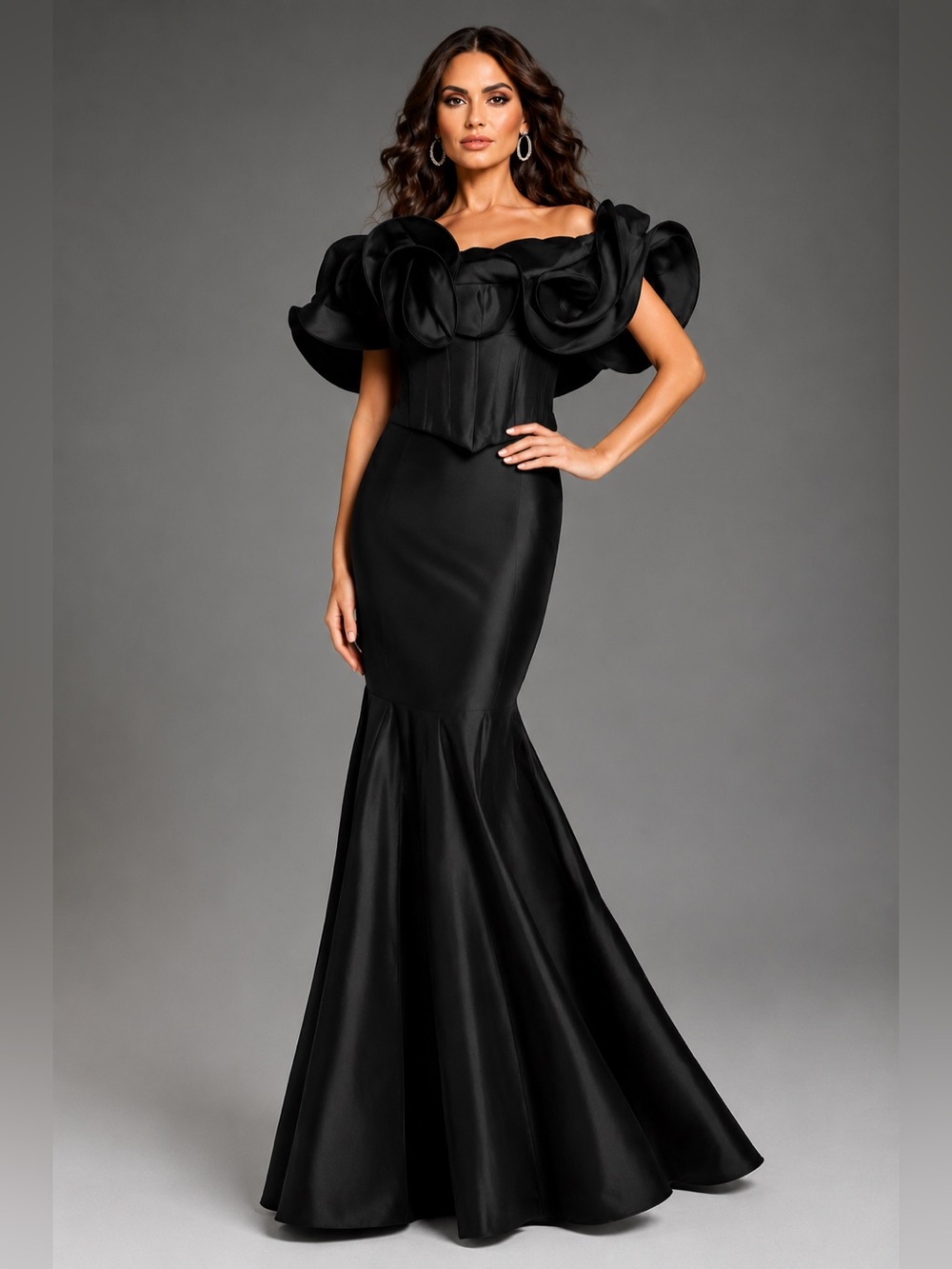 Jovani MC40324 Black 2 Piece Mermaid Gown Off Shoulder Floral Ruffle Dress NWT